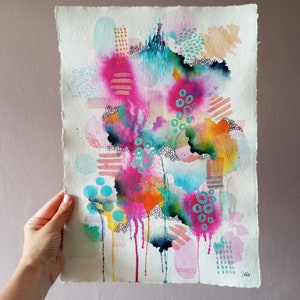 Grande dipinto ad acquerello su carta/ 11,5" x 16,5" / 30 x 41 cm / A3 / Acquerello originale / Pittura astratta colorata / Tecnica mista