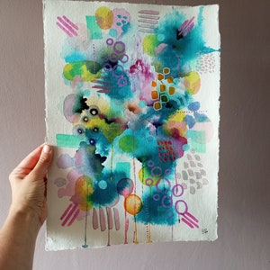 Grande dipinto ad acquerello su carta/ 11,5" x 16,5" / 30 x 41 cm / A3 / Acquerello originale / Pittura astratta colorata / Tecnica mista