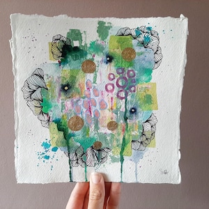 Peinture originale sur papier fait main | 20 x 21 cm | Oeuvre d'art abstraite sur papier signée | Peinture colorée | Fantastique