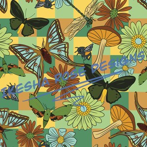 Fall Butterfly, cottage core, mushroom, floral, checkered, seamless, pattern, file, design