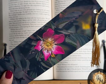 Red Leaf Rose Bookmark | Spring Flower Photography | Nature Floral Bookmark with Tassel