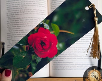 Red Rose Bookmark | Spring Flower Photography | Floral Bookmark with Tassel