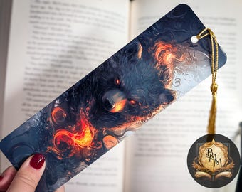 Fiery Black Bear Bookmark | Fantasy creature | Laminated Bookmark with Tassel