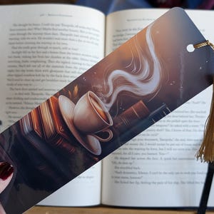 Cup o&#39; Coffee Bookmark | Cozy Reader Gift | Laminated Bookmark with Tassel