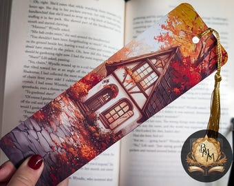 Autumn Cabin Bookmark | Cozy Cottagecore | Fantasy laminated bookmark with tassel