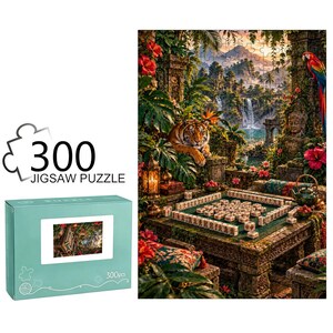 Tropical Jungle Mahjong Mat, Tiger and Parrot Game Table, Exotic Waterfall Tile Playing Surface, Botanical Mahjong Lover Gift