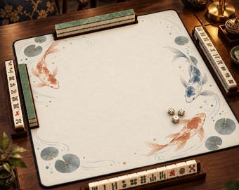 Op de afbeelding: Een vierkante mahjongmat met een crèmekleurig oppervlak, voorzien van illustraties van oranje en blauwe koikarpers, waterleliebladeren en wervelende waterpatronen. De mat is omringd door vier houten rekjes met witte mahjongstenen en drie dobbelstenen.