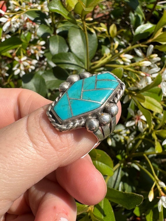 Stunning southwestern style inlay turquoise ring - image 1