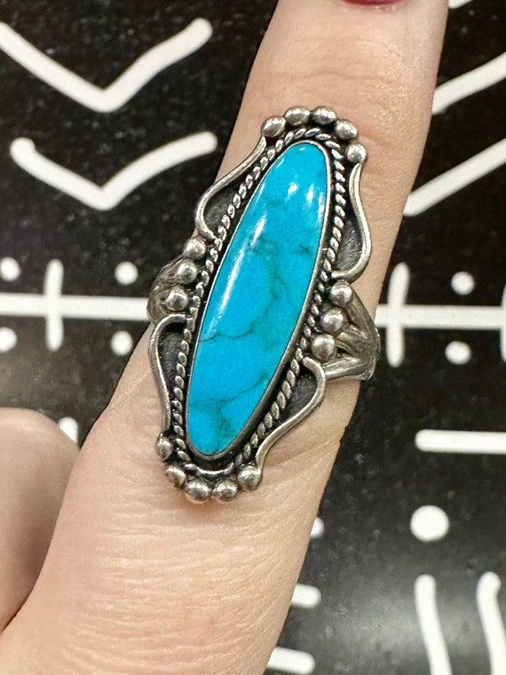 Long turquoise sterling silver ring