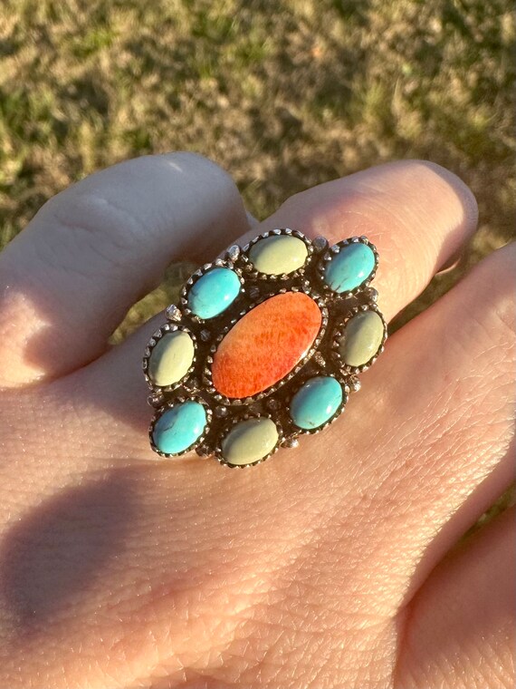 Turquoise and spiny oyster sterling silver ring