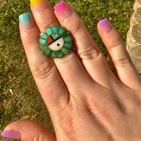 Zuni inlay sun face flower ring