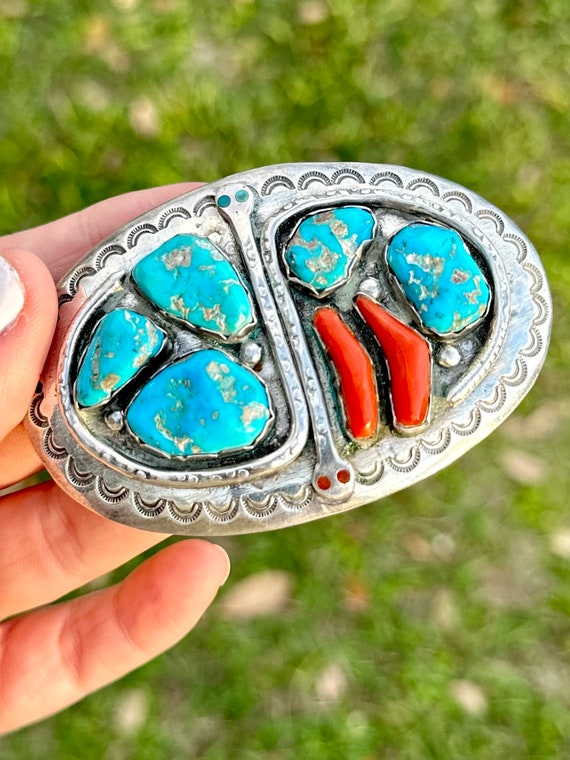 Effie Calavaza coral & turquoise sterling belt buc