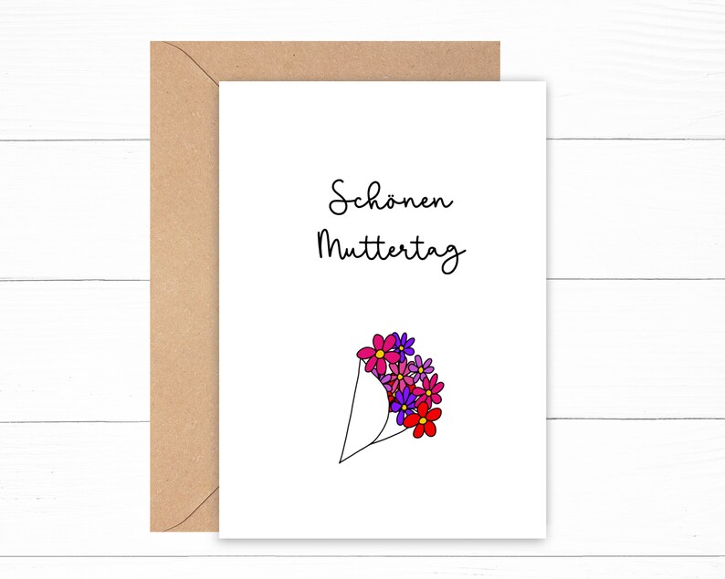 May include: A white card with the text "Sch&ouml;nen Muttertag" in black cursive writing. A black line drawing of a bouquet of pink, purple, and red flowers is in the bottom right corner.