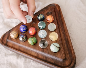 7.5-Inch Triangle Marble Solitaire | Walnut Wood Board