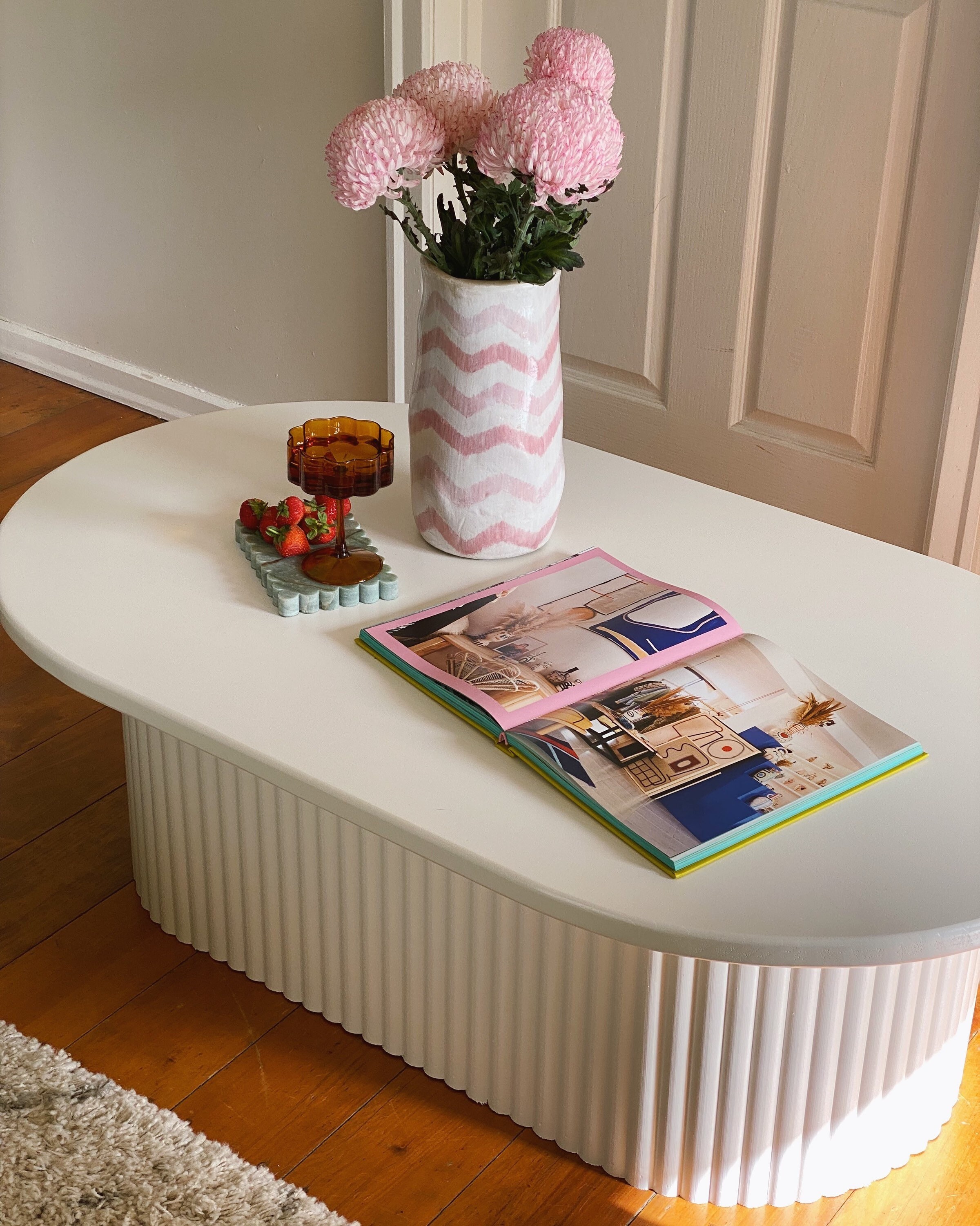 White Oval Shaped Coffee Table With Fluted Base Etsy