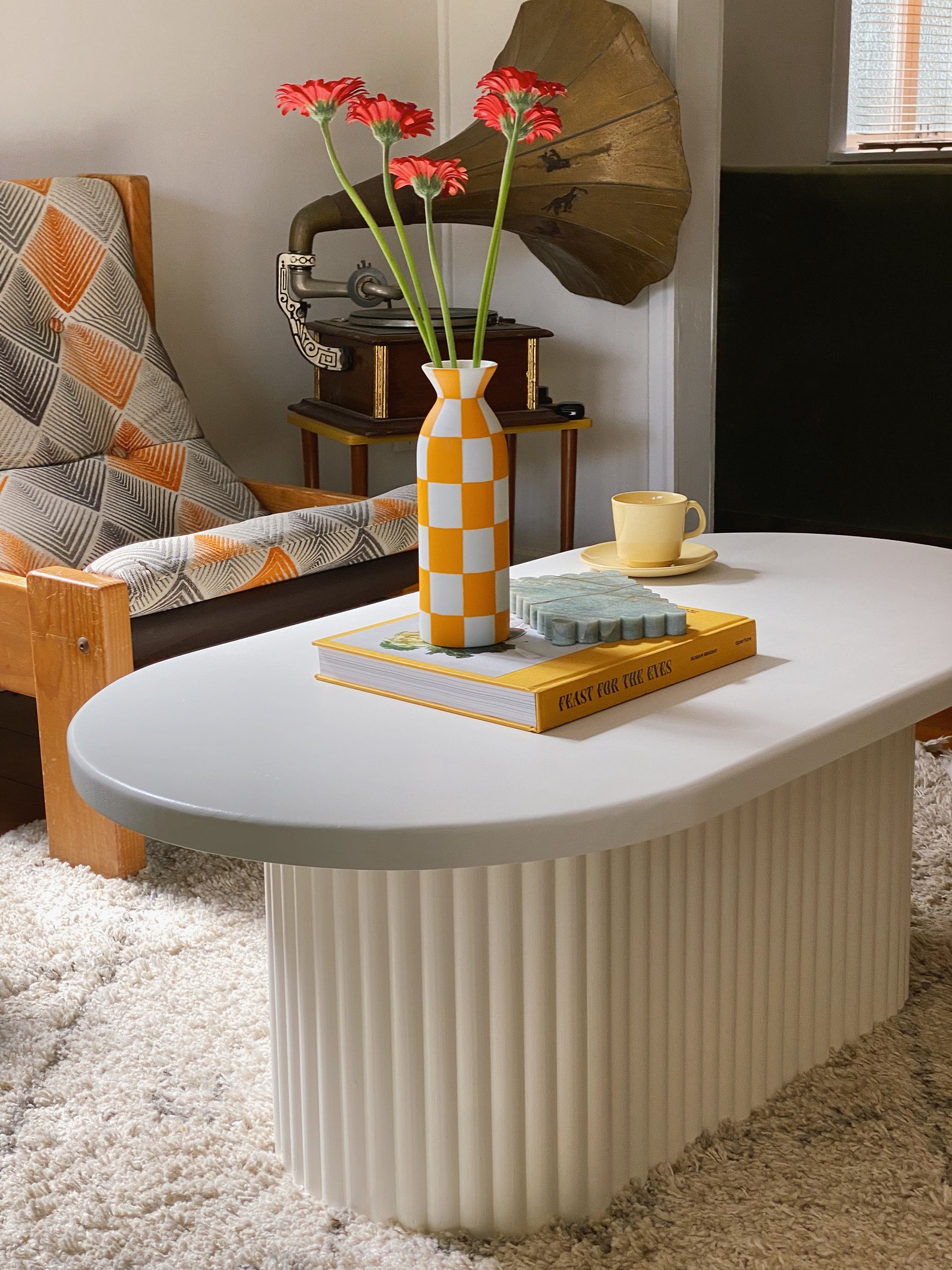 White Oval Shaped Coffee Table With Fluted Base Etsy