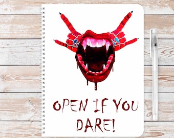 Humorous Horror Vampire A5 notebook. Contains 60 sheets of lined or blank 100% recycled paper. Eco friendly. bio-degradable. Ideal gift