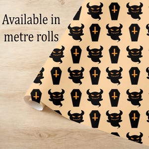 Papel de regalo con diseño de fantasma gótico y ataúd, envoltorio ecológico para regalos de Halloween.