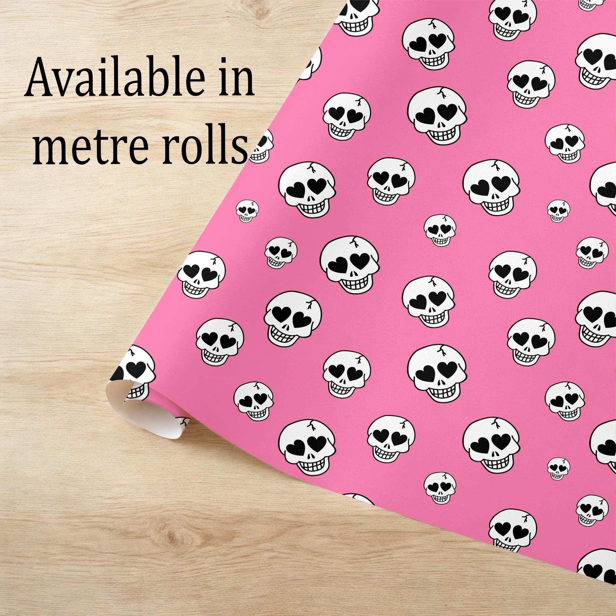 Skull with Heart Eyes Pink design Wrapping Paper. Eco friendly thick quality gift wrap paper Perfect Birthday Valentine Xmas presents.