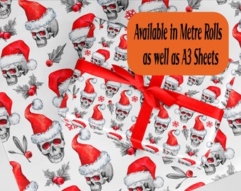 Christmas Wrapping Paper. Skulls with santa hats design. Eco friendly thick quality gift wrap paper. Perfect for wrapping Xmas presents.