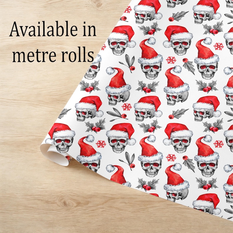 Santa Hat Skull Wrapping Paper, Creepmas Goth Christmas Gift Wrap image 2