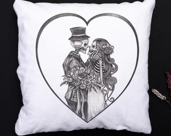 Gothic Skeleton Bride Groom Heart Pillow Macabre Wedding Cushion Spooky Home Decor