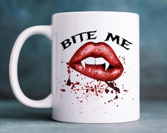 Tasse à café Vampire Bite Me, tasse en céramique avec crocs à lèvres gothiques, décor d'éventail d'horreur fantasmagorique