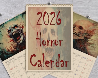 2026 Gory Horror A4 Calendar Macabre Art Wall Calendar - Dark Goth Decor 12 Month Hanging Calendar  Eco Gift Creepy Gift for Horror Fans