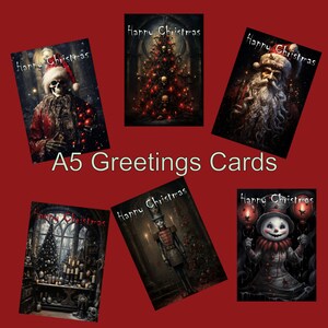 Cartes de Noël colorées d'horreur gothique, jeu de cartes de voeux effrayantes et festives inhabituelles, bonhomme de neige écologique, arbre de Noël, père Noël, soldat