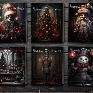 Może przedstawiać: Sześć gotyckich kartek świątecznych z mrocznymi ilustracjami. Każda kartka zawiera napis "Happy Christmas". Obrazy przedstawiają szkielet w czapce Świętego Mikołaja, choinkę ozdobioną czaszkami i przerażającego klauna z balonami.