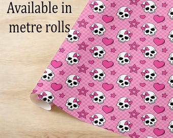 Pink Skull Bows Wrapping Paper, Y2K Soft Grunge Giftwrap, Spooky Birthday Paper