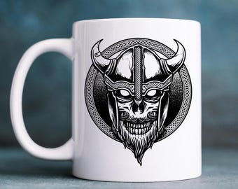Viking Skull Image Mug, Black & White Design