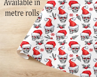 Christmas Wrapping Paper. Skulls with santa hats design. Eco friendly thick quality gift wrap paper. Perfect for wrapping Xmas presents.