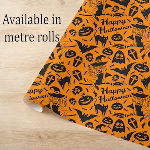 Happy Halloween Wrapping Paper, Retro Witch Black Cat Pattern, Eco Friendly Gift Wrap image 1