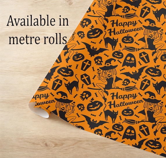 Happy Halloween Wrapping Paper, Retro Witch Black Cat Pattern, Eco Friendly Gift Wrap