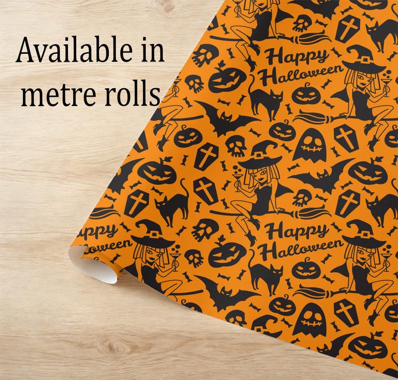 Happy Halloween Wrapping Paper, Retro Witch Black Cat Pattern, Eco Friendly Gift Wrap image 1