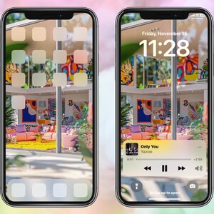 May include: Two iPhones showing a vibrant interior design. One displays app icons, the other shows the time, date, and music controls for "Only You" by Yazoo. The background is a blurred, pastel gradient of colors.