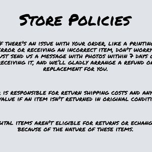 May include: Store policies text on a white background. The text states that buyers are responsible for return shipping costs and any loss in value if an item isn't returned in original condition. Digital items are not eligible for returns or exchanges.