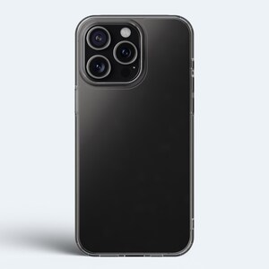 May include: A clear phone case with a black phone inside. The phone has a camera bump with four lenses.