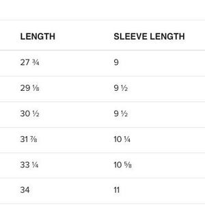 May include: Size chart for a shirt with measurements in inches for length, sleeve length, and width. Sizes include S, M, L, XL, 2XL, and 3XL.