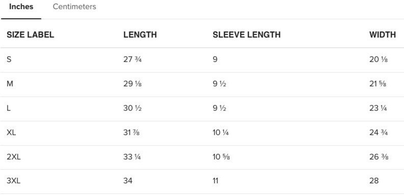 May include: Size chart for a shirt with measurements in inches for length, sleeve length, and width. Sizes include S, M, L, XL, 2XL, and 3XL.
