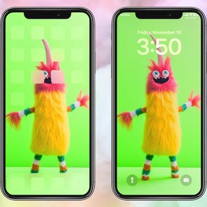 May include: Two iPhone screens with a green background and a yellow and pink fuzzy monster with a red nose and large eyes. The left screen shows the home screen with app icons. The right screen shows the lock screen with the time 3:50 and the date Friday, November 10.
