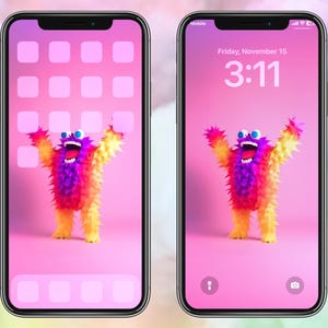Può includere: Due schermate di iPhone con uno sfondo rosa e un personaggio di mostro colorato. Lo schermo a sinistra mostra una schermata iniziale con le icone delle app. Lo schermo a destra mostra una schermata di blocco con l'ora 3:11 e la data venerdì 15 novembre.