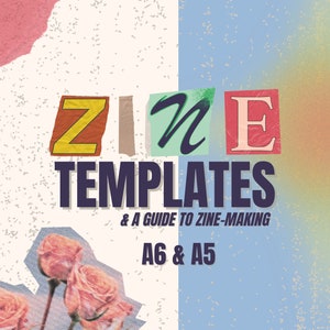 以下が含まれることがあります： 白地にピンクとブルーのアクセントがついた、"ZINE TEMPLATES & A GUIDE TO ZINE-MAKING A6 & A5"というテキストが入ったカラフルなグラフィックデザインです。