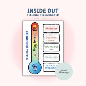 Puede incluir: Un gráfico imprimible con personajes de la película Inside Out. El gráfico es un termómetro de sentimientos con una escala de tristeza a ira. Los personajes se representan en sus colores respectivos, con texto que describe cada emoción.