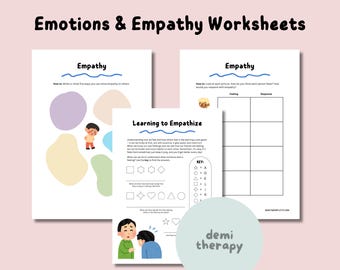 Può includere: Un set di fogli di lavoro stampabili per aiutare i bambini a imparare l'empatia. I fogli di lavoro presentano illustrazioni colorate e attività per aiutare i bambini a comprendere e praticare l'empatia. I fogli di lavoro sono intitolati "Empatia" e "Imparare a entrare in empatia".