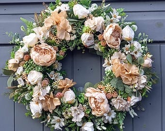 Buff Ivory Peony & Hydrangea Wreath, All year round Floral Door Decor, Artificial flower door hanger