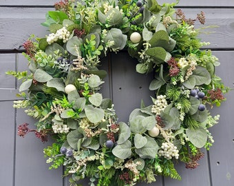 Christmas Wreath, Winter Wreath, Natural looking Door decor, Faux flowers door wreath Autumn into Winter door decor