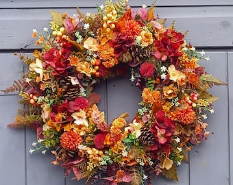 Autumn Front Door Wreath,  Bronze, Amber  and Cerise Autumnal Door Decor , Artificial flower door wreath.