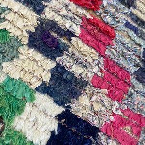 May include: A colorful rag rug with a variety of colors including green, white, blue, pink, and red. The rug is made of recycled fabric and has a unique, handmade look.